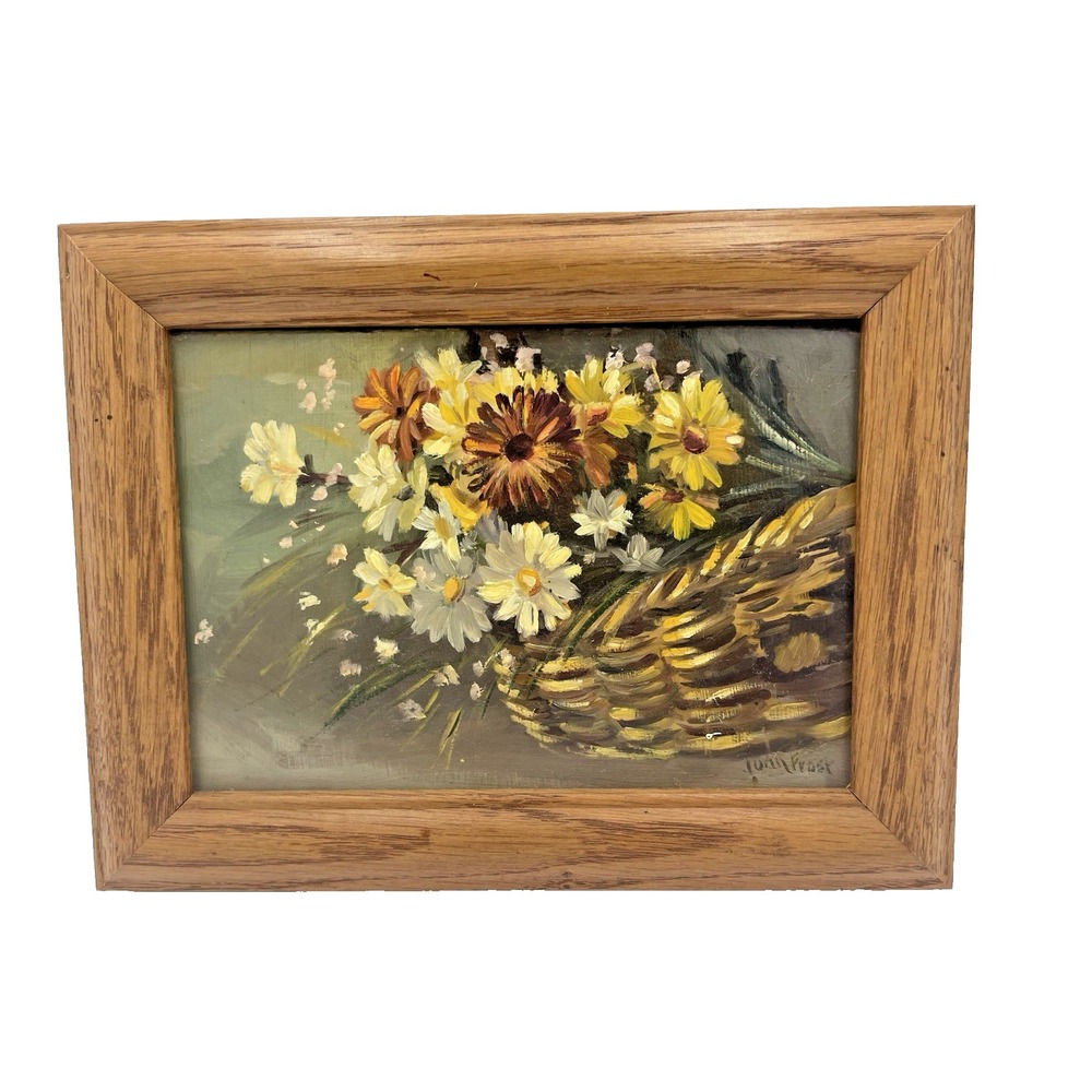 Vintage‎ Original Oil Still Life Flower Basket  5x7 Signed Wood Frame